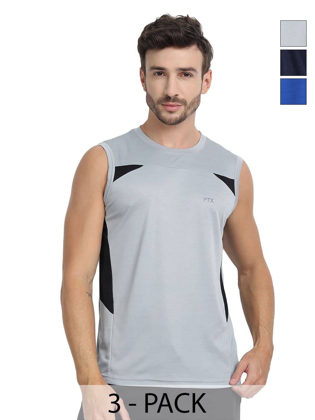 FTX Pack Of 3 Colourblocked Round Neck Sleeveless Dri-FIT Running T-shirts - view 1