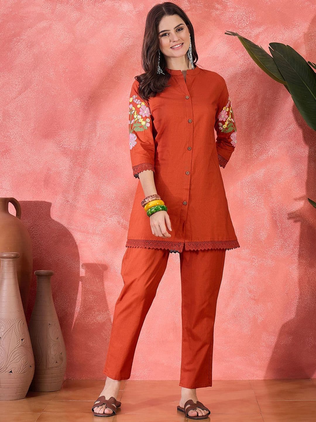 Sangria Floral Embroidered Cotton Tunic with Trousers Co-Ords - view 1