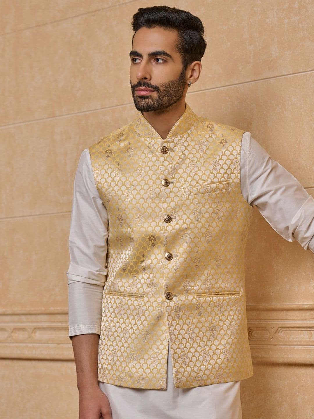 Tasva Men Woven Design Brocade Classic Bundi Nehru Jacket - view 1