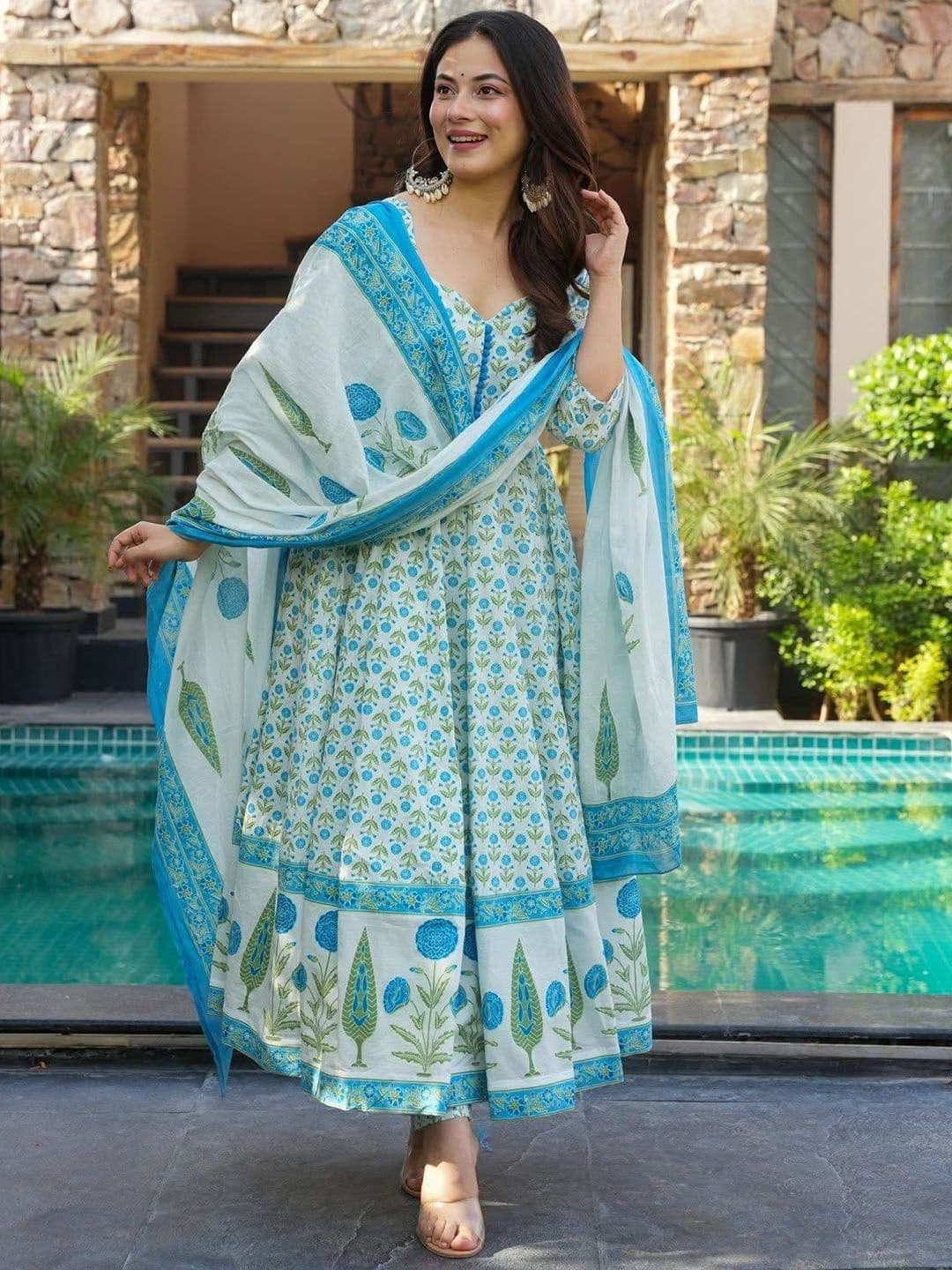 GoSriKi Floral Printed Sweetheart Neck Anarkali Kurta With Trousers & Dupatta - view 1