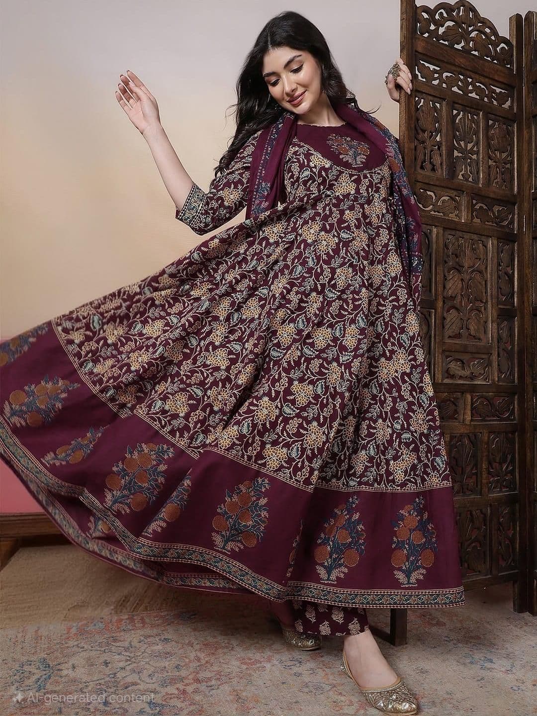 KIMAYRA Women Burgundy Pure Cotton Kurta Sets - view 1