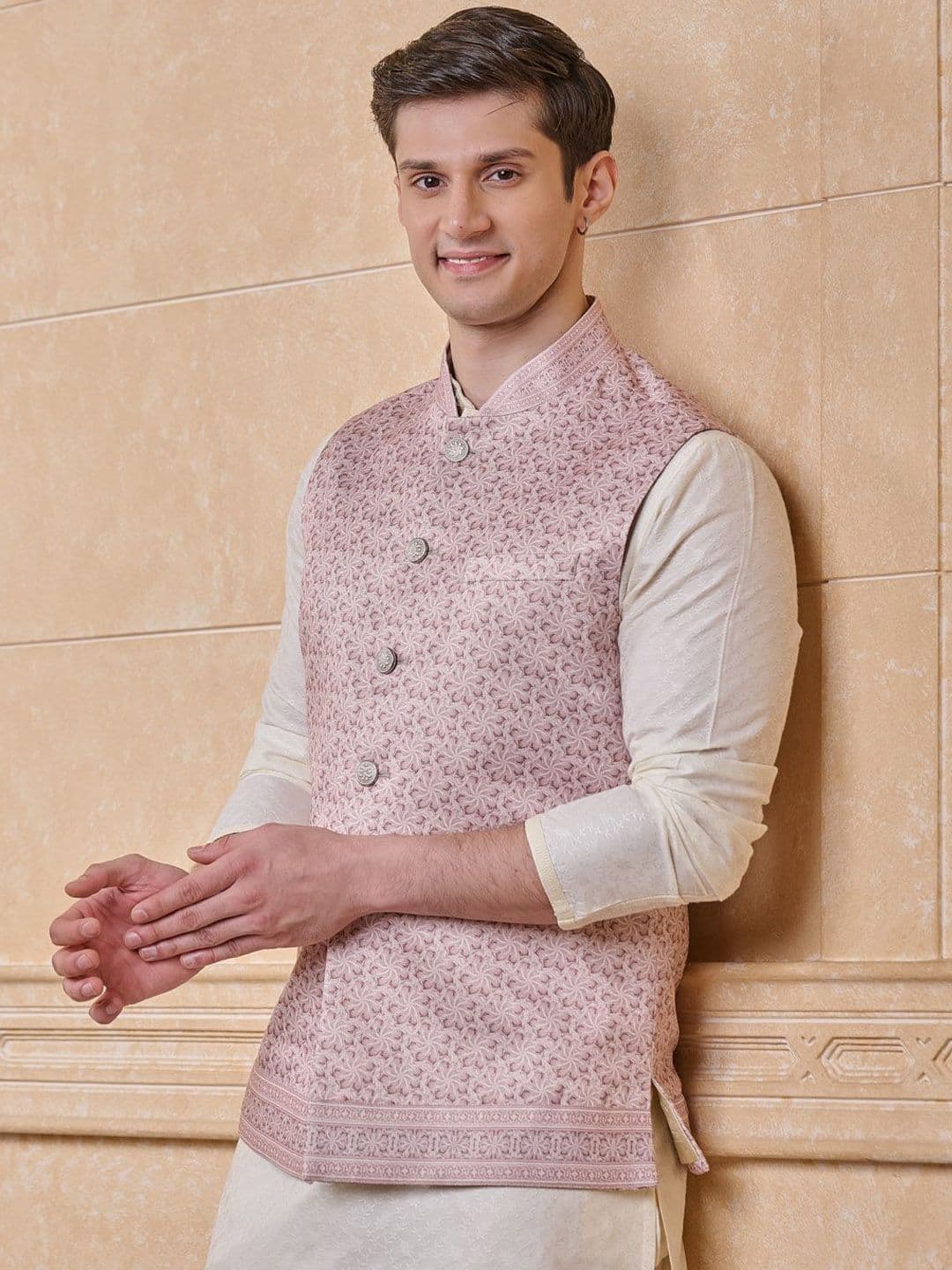Tasva Men Floral Printed Woven Classic Bundi Nehru Jacket - view 1