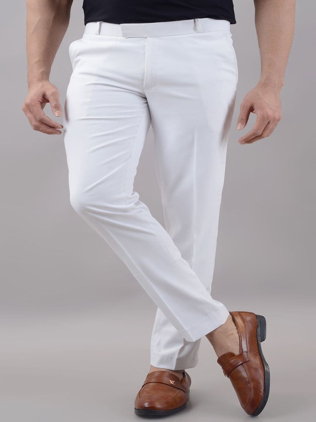 VILLAIN Men White Solid Mid-Rise Stretchable Formal Trousers - view 1