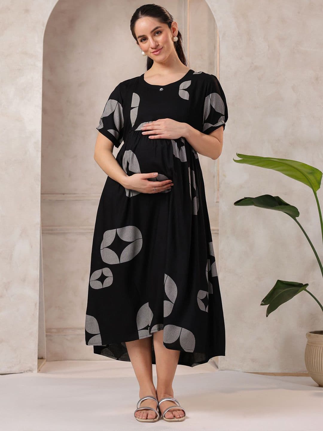 NIGHTSPREE Women Geometric Printed Puff Sleeves Maternity Fit & Flare Midi Dress - view 1
