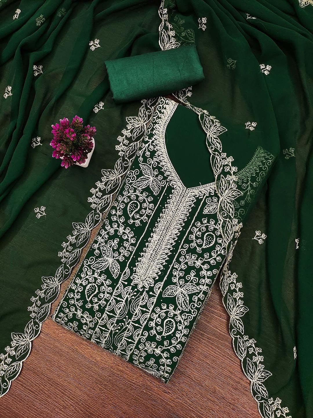 HERE&NOW Floral Embroidered Georgette Beads and Stones Unstitched Dress Material - view 1