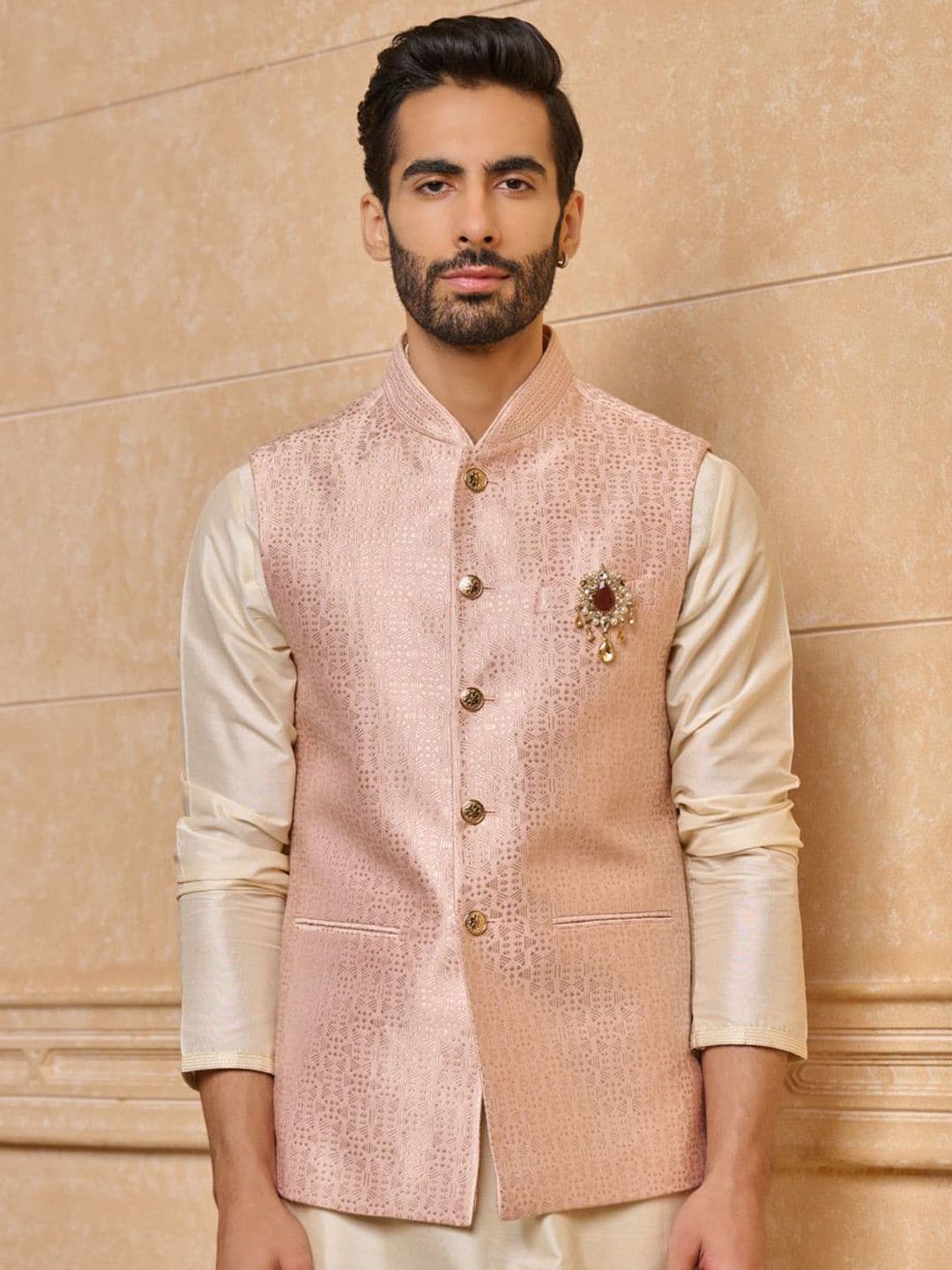 Tasva Woven Design Brocade Bundi Nehru Jacket - view 1