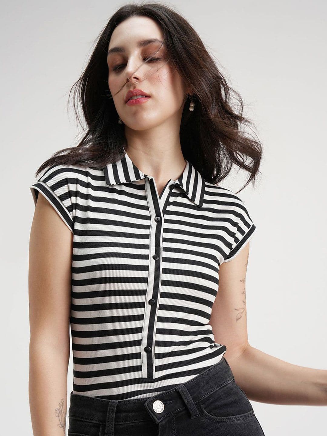 Tokyo Talkies Striped Monochrome Ribbed Shirt Collar Bodysuit - view 1