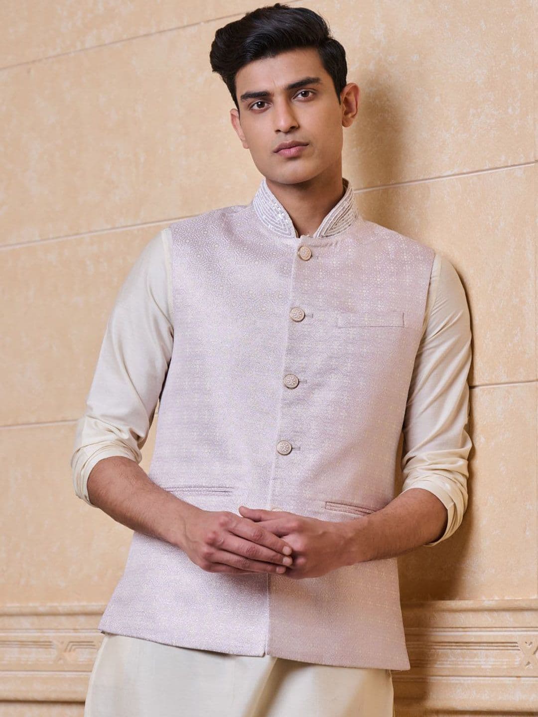 Tasva Woven Design Brocade Bundi Nehru Jacket - view 1
