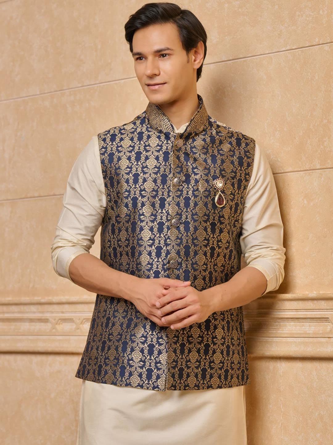 Tasva Men Ethnic Motifs Woven Design Brocade Bundi Nehru Jacket - view 1