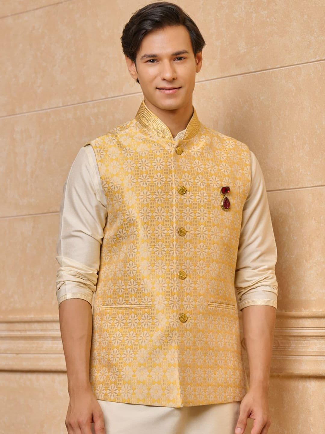 Tasva Woven Design Brocade Bundi Nehru Jacket - view 1