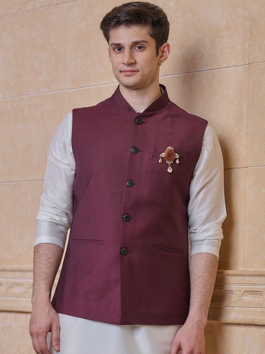Tasva Woven Design Bundi Nehru Jacket - view 1