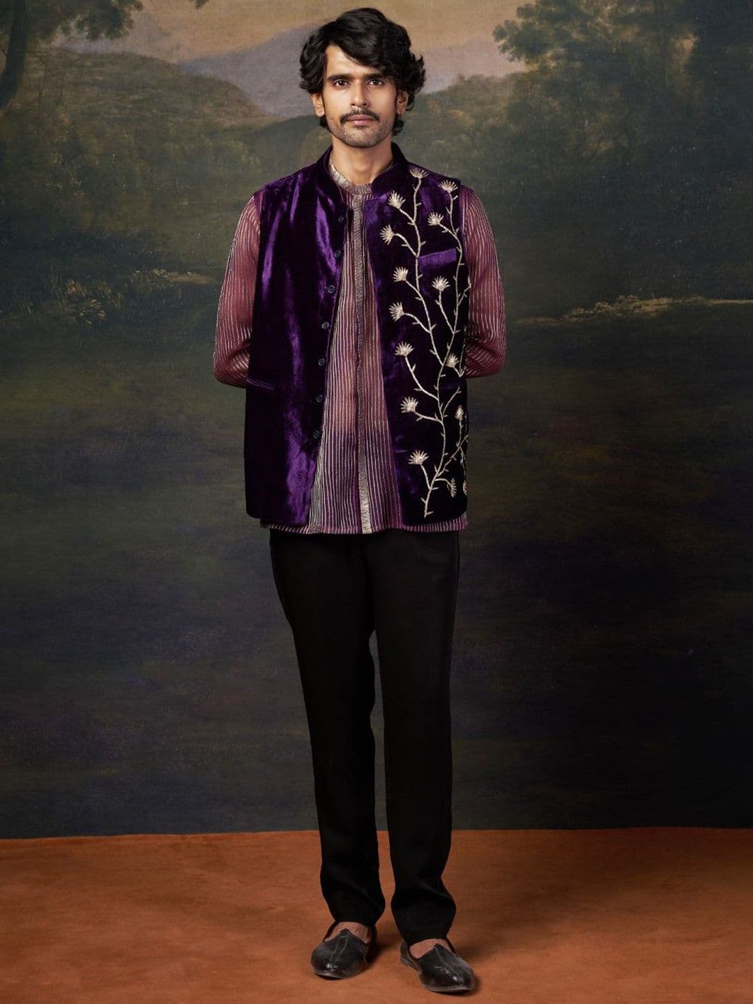 THETAA Hand-Embroidered Velvet Nehru Jacket - view 1