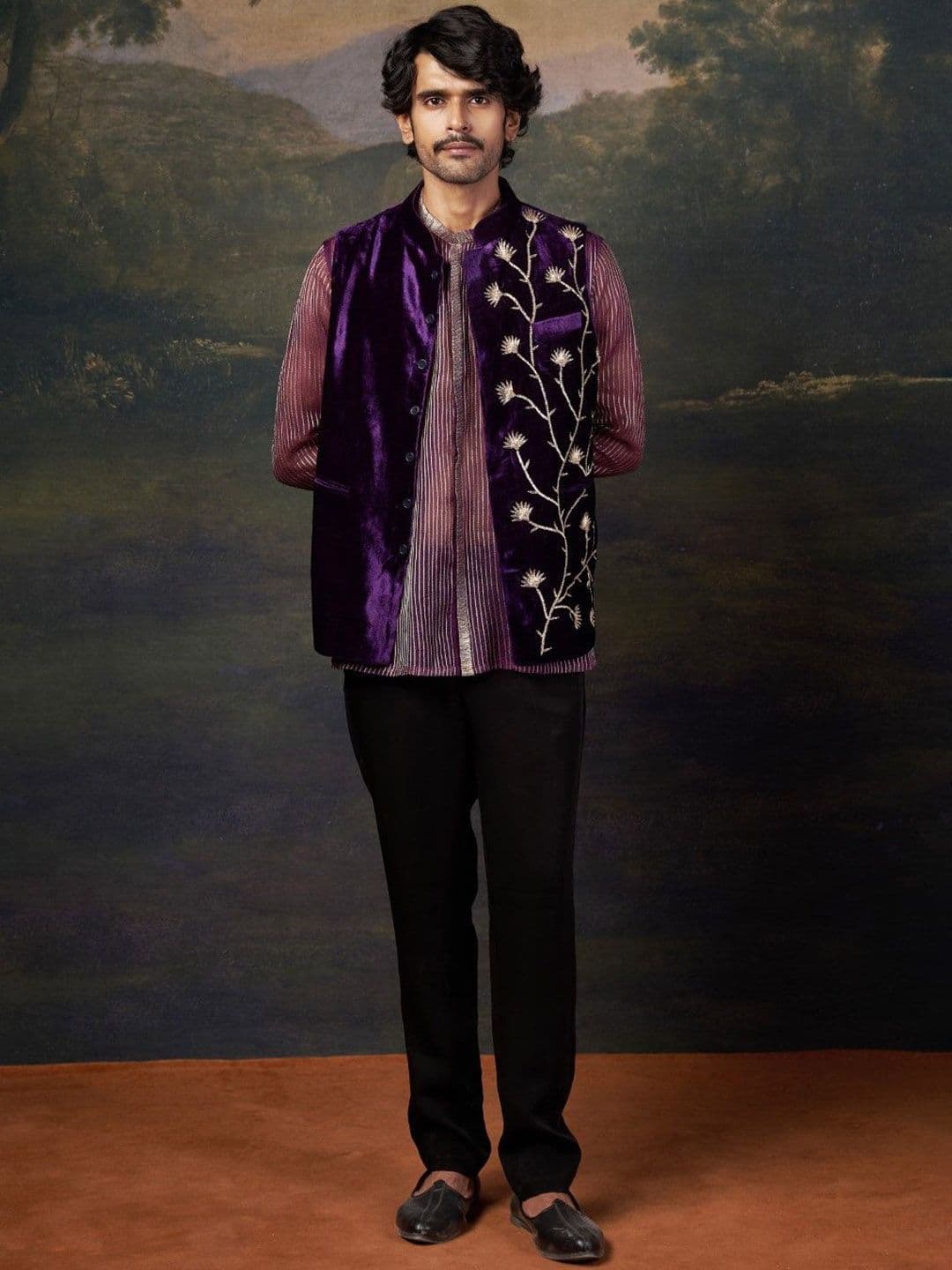 THETAA Embroidered Velvet Nehru Jacket Set - view 1