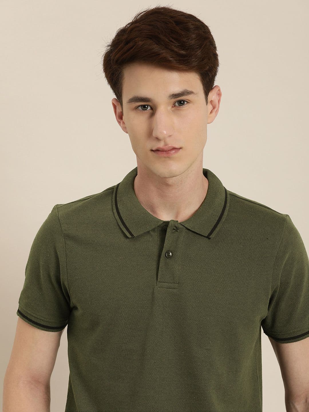 encore by INVICTUS Men Olive Green Solid Polo Collar T-shirt - view 1