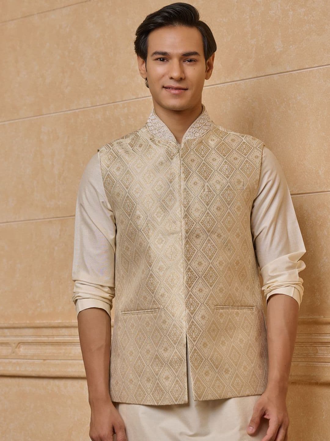 Tasva Ivory Classic Brocade Nehru Jackets - view 1