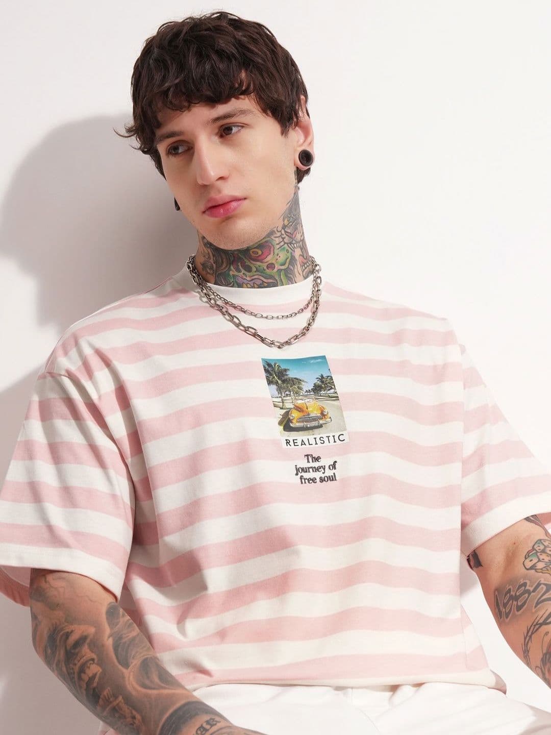 HIGHLANDER Striped Round Neck Drop-Shoulder Sleeves Oversized T-shirt - view 1