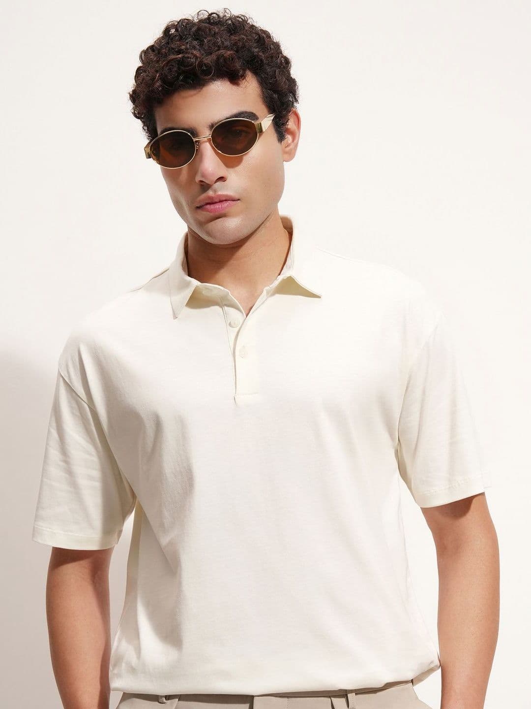 HIGHLANDER Polo Collar Drop-Shoulder Sleeves Relaxed Fit Cotton T-shirt - view 1