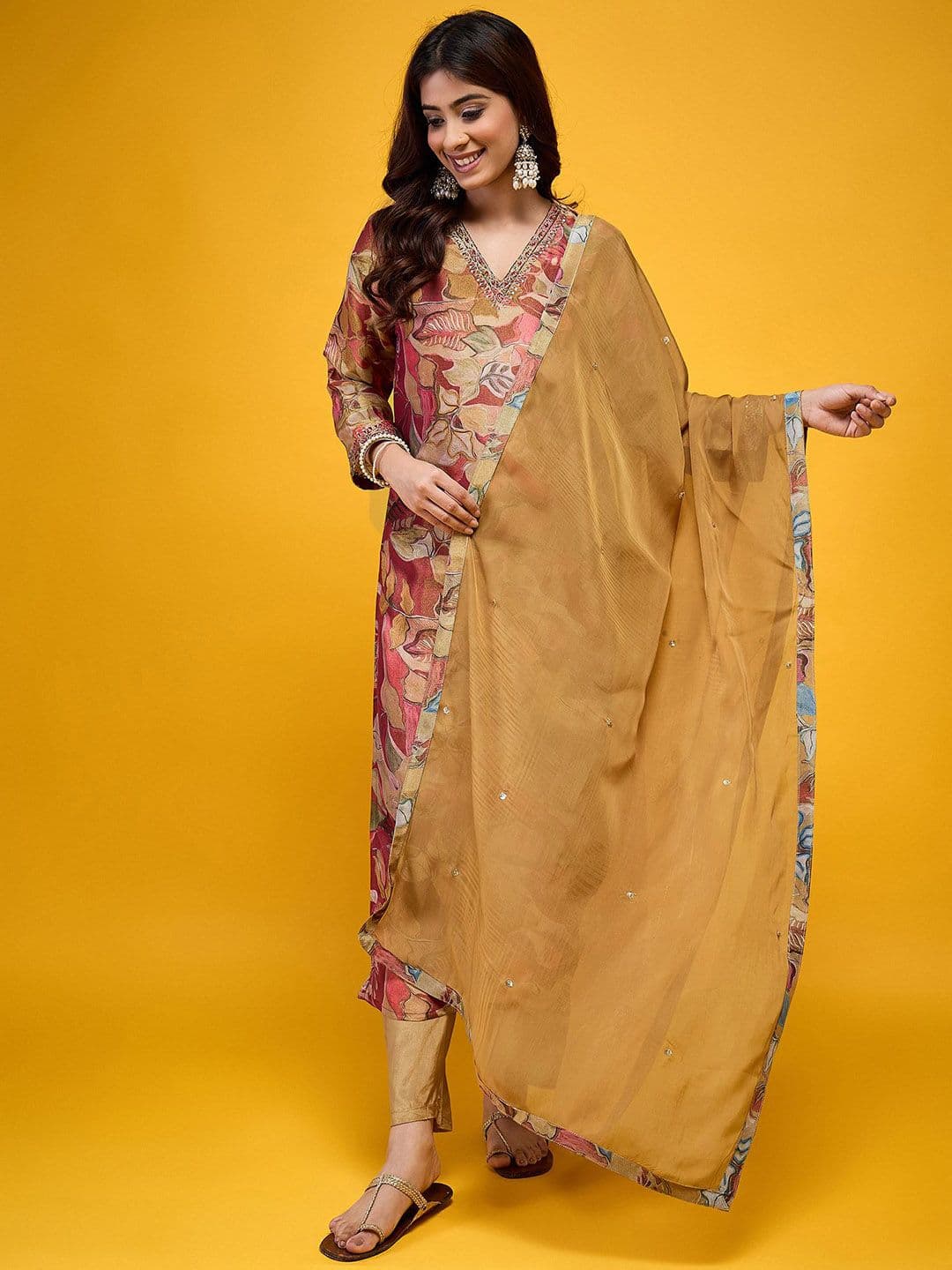 HERE&NOW Women Floral Printed Kurta with Trousers & Dupatta - view 1