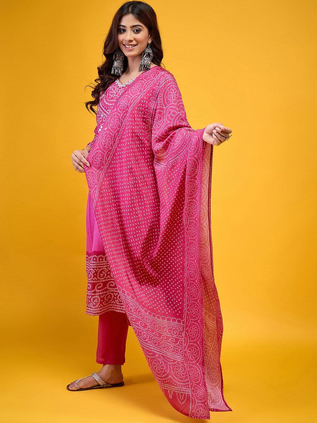 HERE&NOW Women Bandhani Printed Kurta with Trousers & Dupatta - view 1