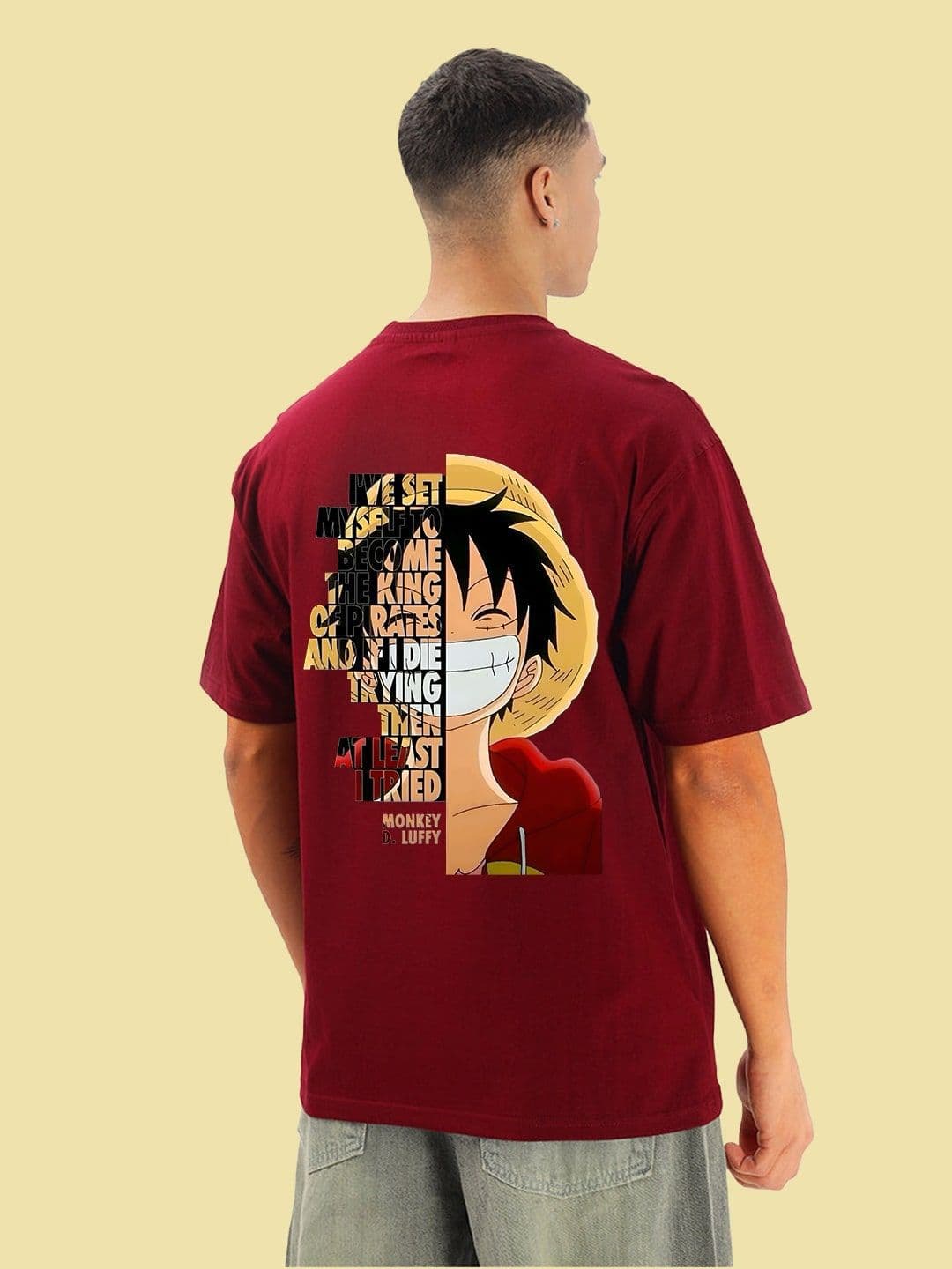 BDSQUARE Men Monkey D Luffy Typography Printed Round Neck Cotton Oversized T-shirt - view 1