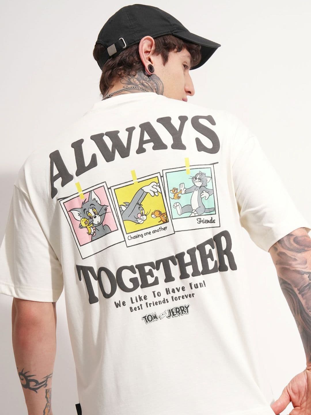 HIGHLANDER Tom & Jerry Graphic Printed Drop-Shoulder Sleeves Oversized Cotton T-shirt - view 1