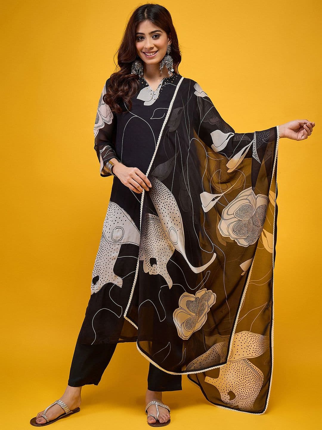 HERE&NOW Women Floral Printed Kurta with Trousers & Dupatta - view 1