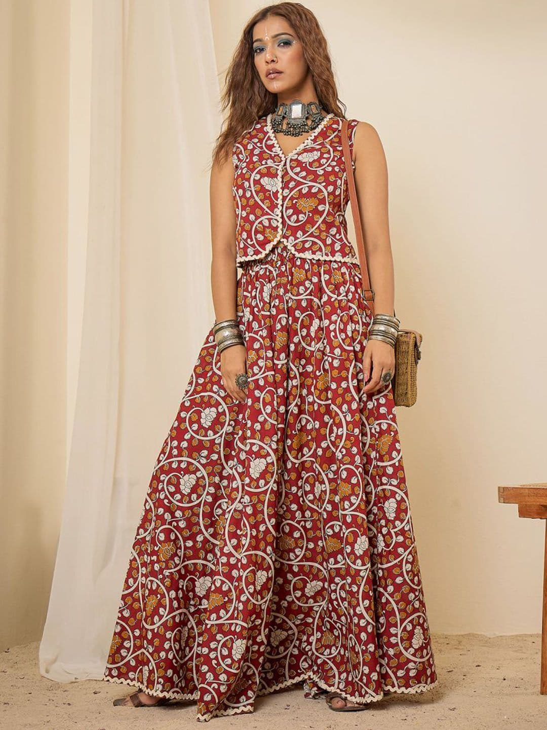 WineRed Printed Pure Cotton V Neck Waistcoat With Skirt Co-Ords - view 1