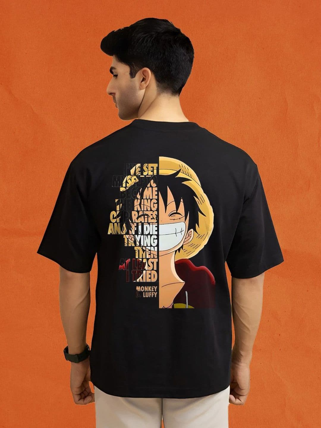 BDSQUARE Men Monkey D Luffy Typography Printed Round Neck Cotton Oversized T-shirt - view 1