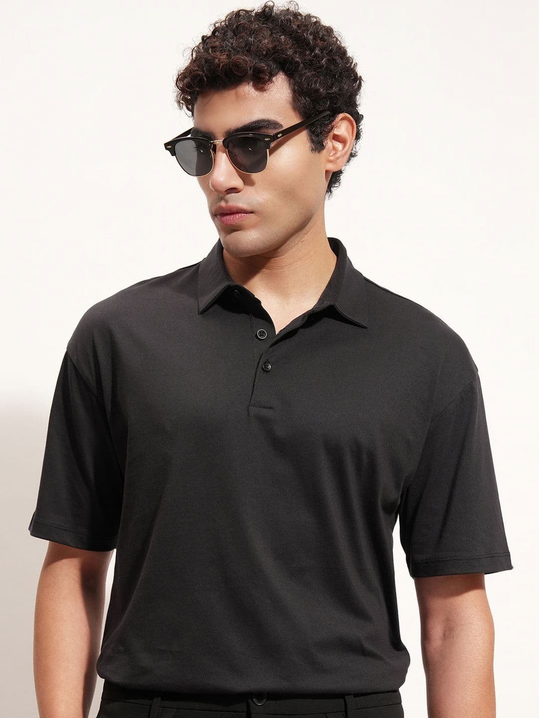 HIGHLANDER Polo Collar Drop-Shoulder Sleeves Relaxed Fit Cotton T-shirt - view 1