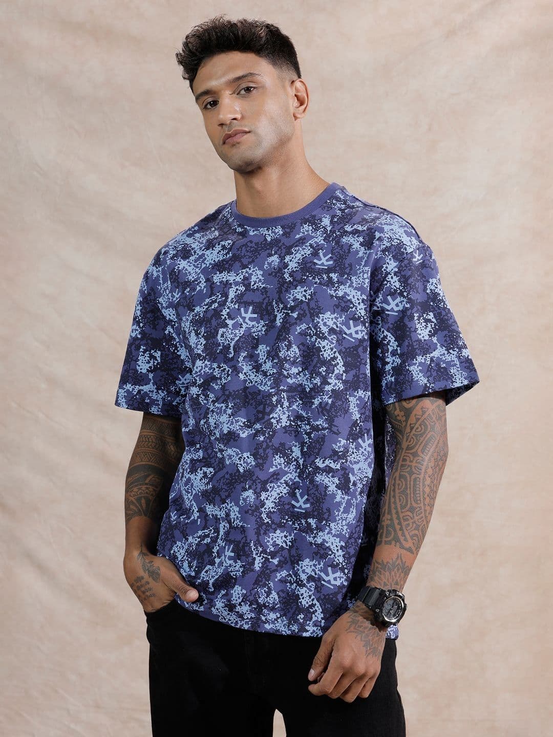 WROGN Men Abstract Printed Round Neck Cotton Relaxed Fit T-shirt - view 1