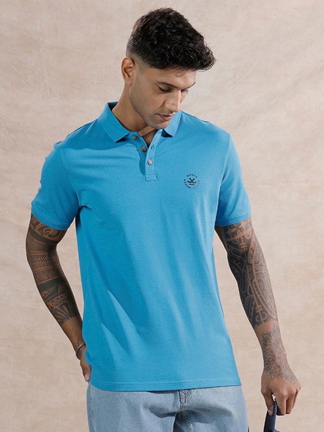 WROGN Brand Logo Polo Collar Cotton Slim Fit T-shirt - view 1