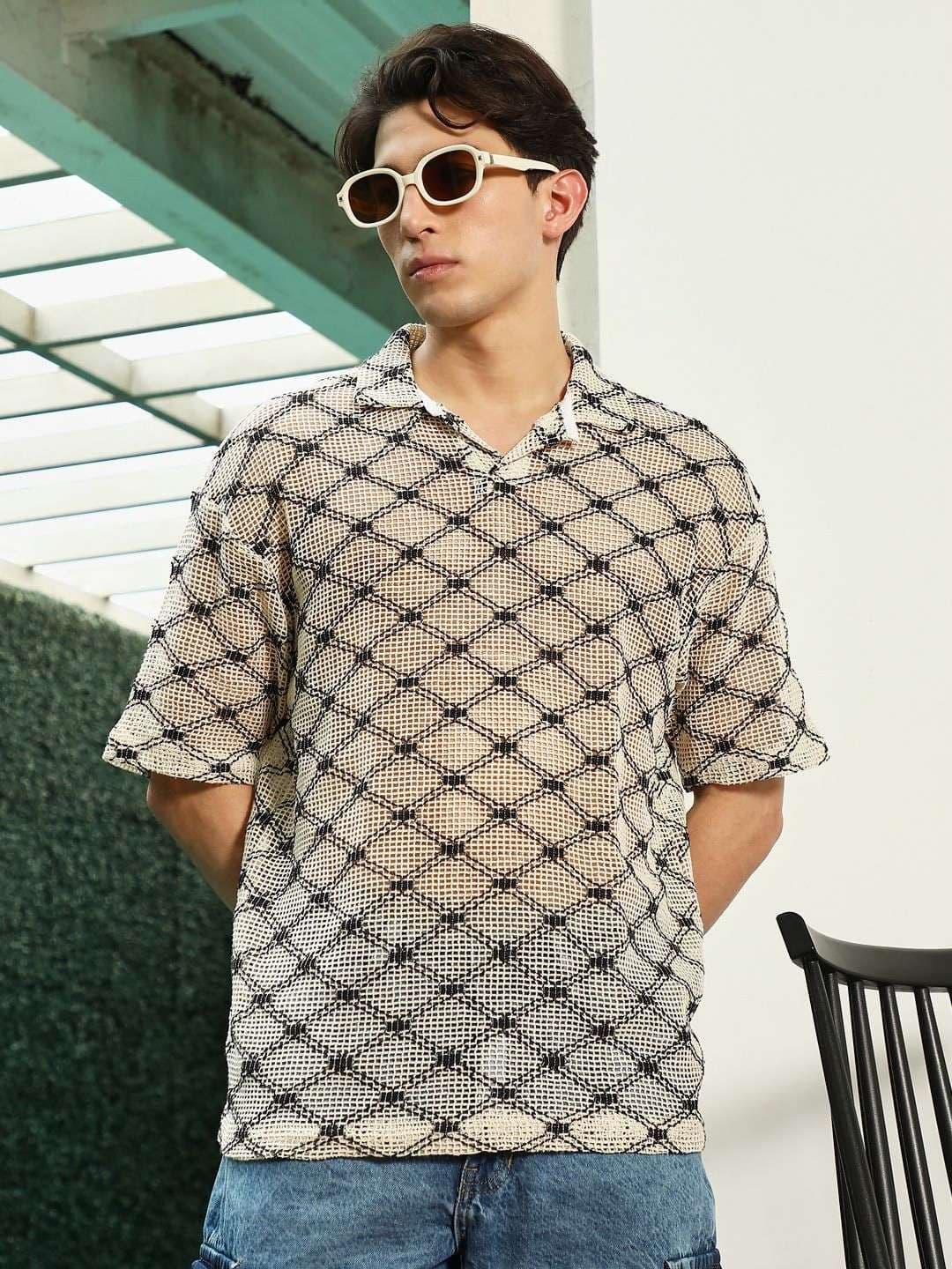 CAHOOT Geometric Self Design Polo Collar Cotton T-shirt - view 1