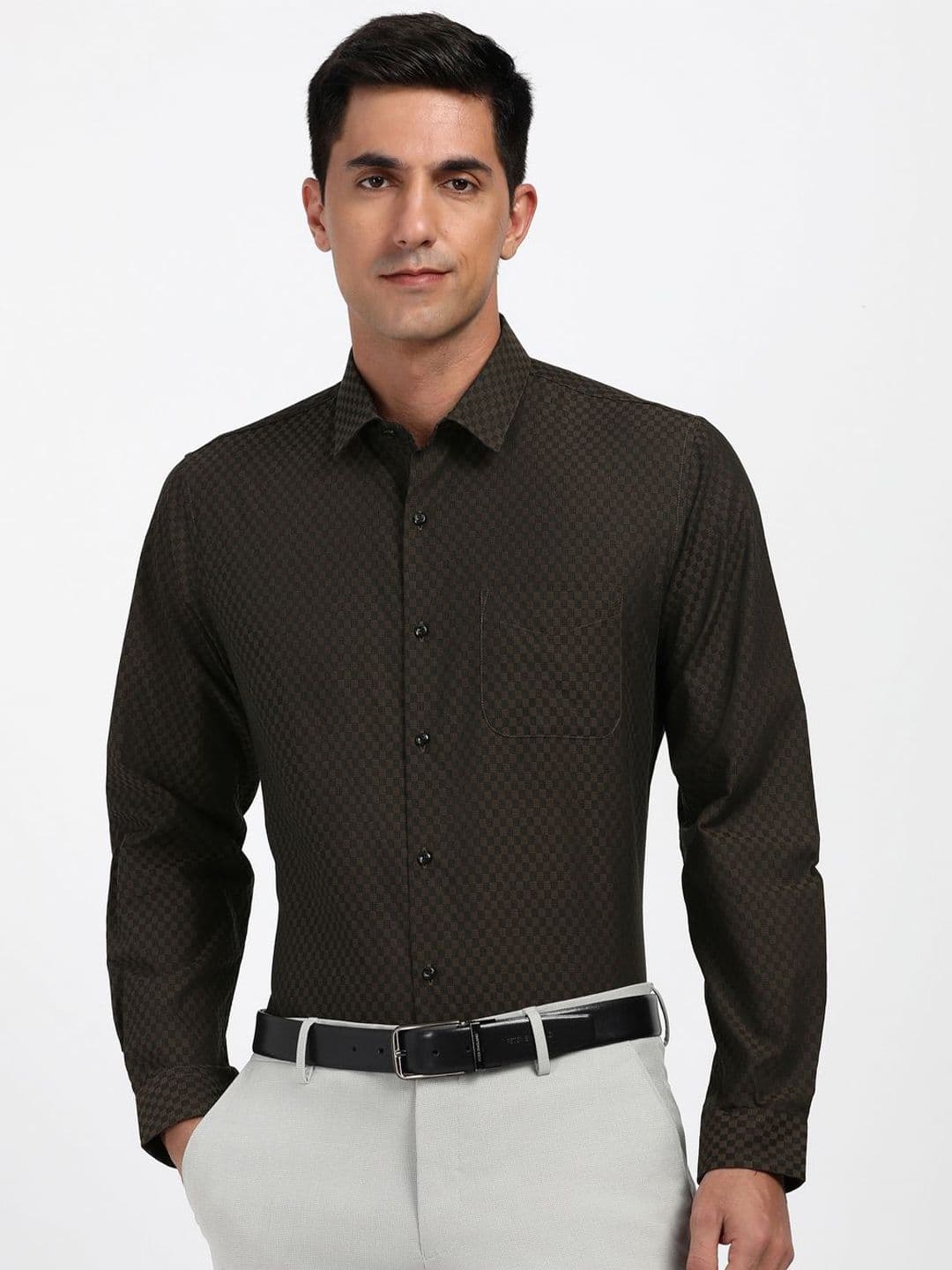 Peter England Textured Slim Fit Spread Collar Cotton Opaque Formal Shirt - view 1