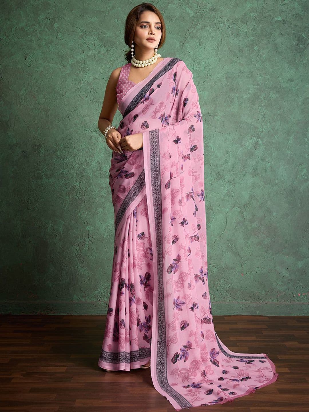 HERE&NOW Floral Printed Saree with Unstitched Printed Blouse - view 1