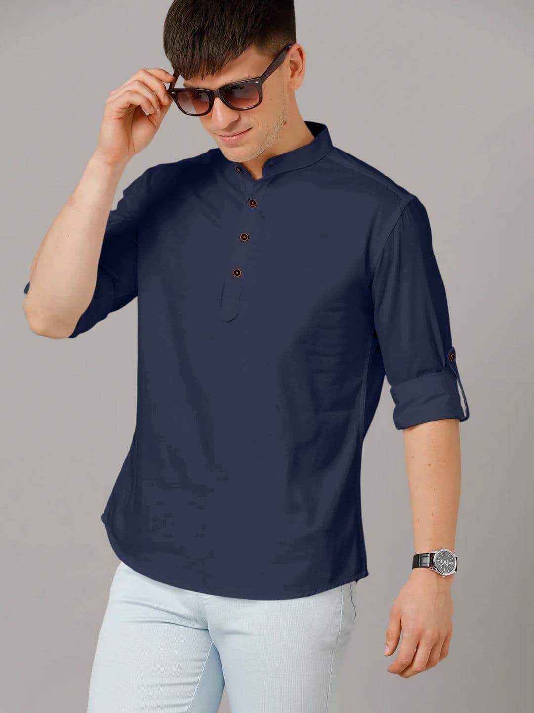 Fifth U Men Solid Navy Blue Straight Cotton Blended Mandarin Collar Kurta - view 1