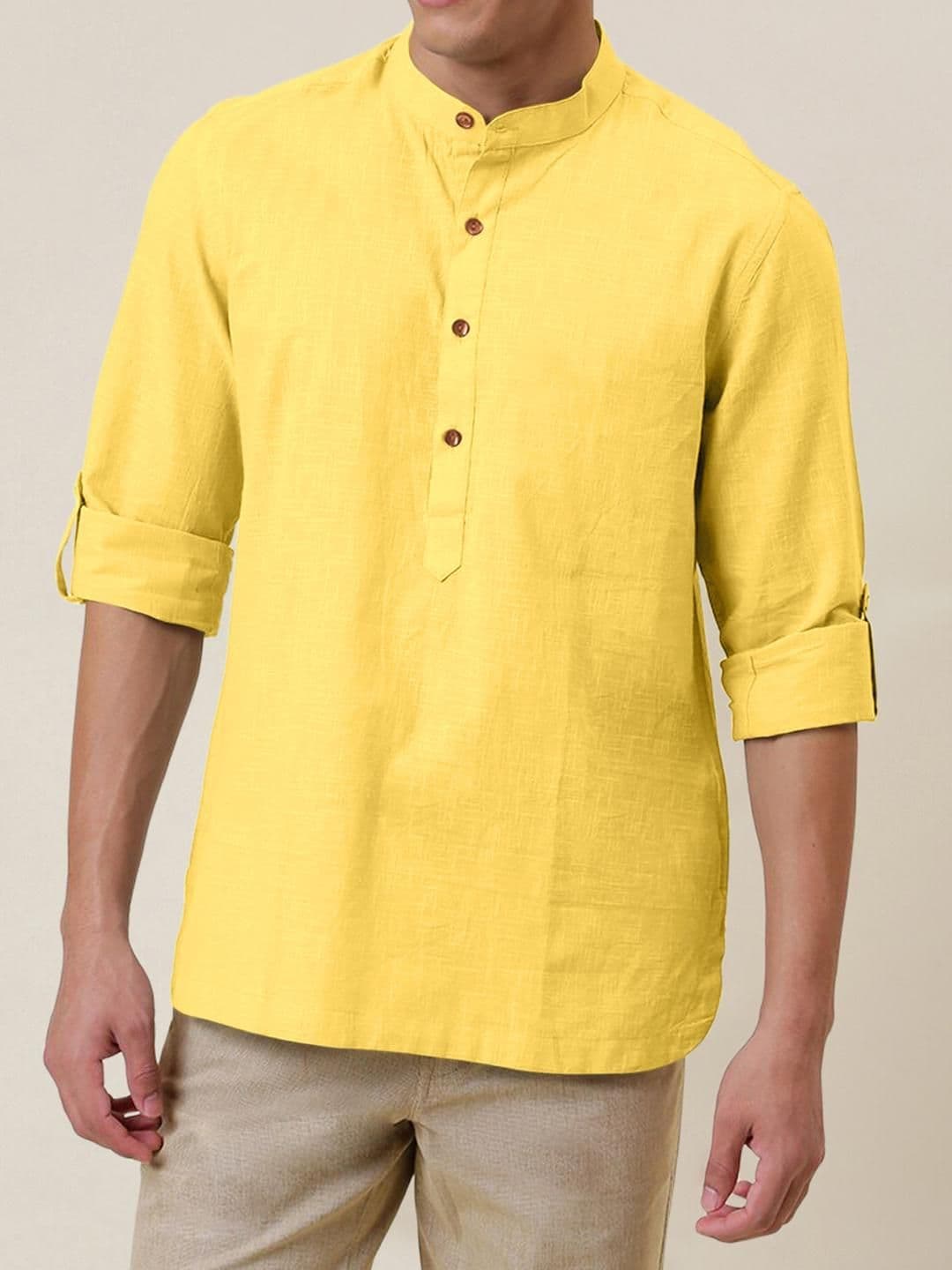 Fifth U Men's Yellow Solid Cotton Blend Straight Kurta - view 1