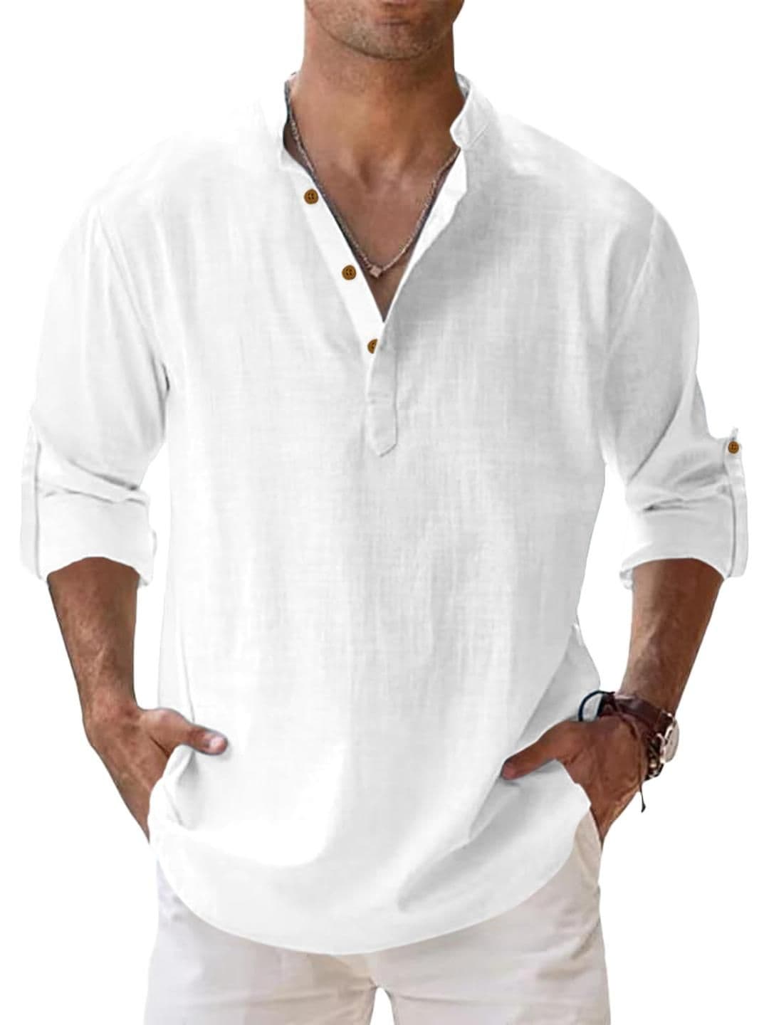Fifth U Men Solid White Cotton Blend Straight Kurta - view 1