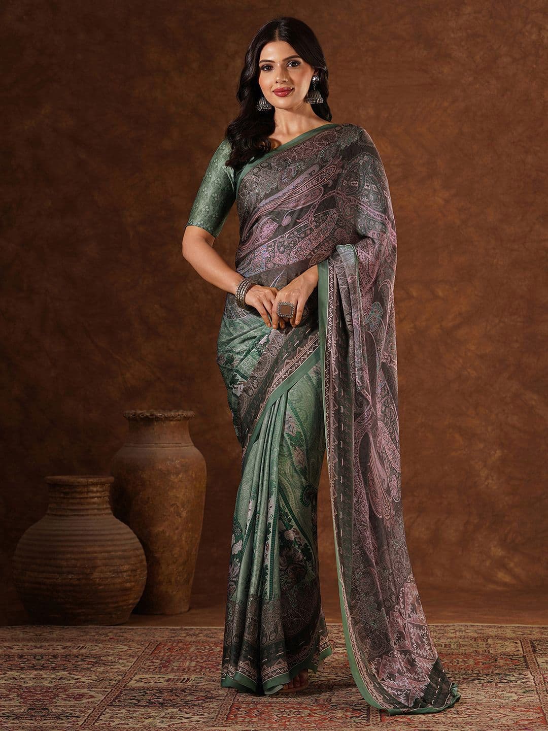 Mitera Ethnic Motifs Printed Satin Saree - view 1
