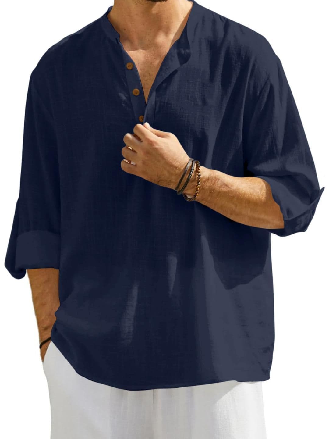 Fifth U Men Navy Blue Solid Cotton Blend Mandarin Collar Straight Kurta - view 1