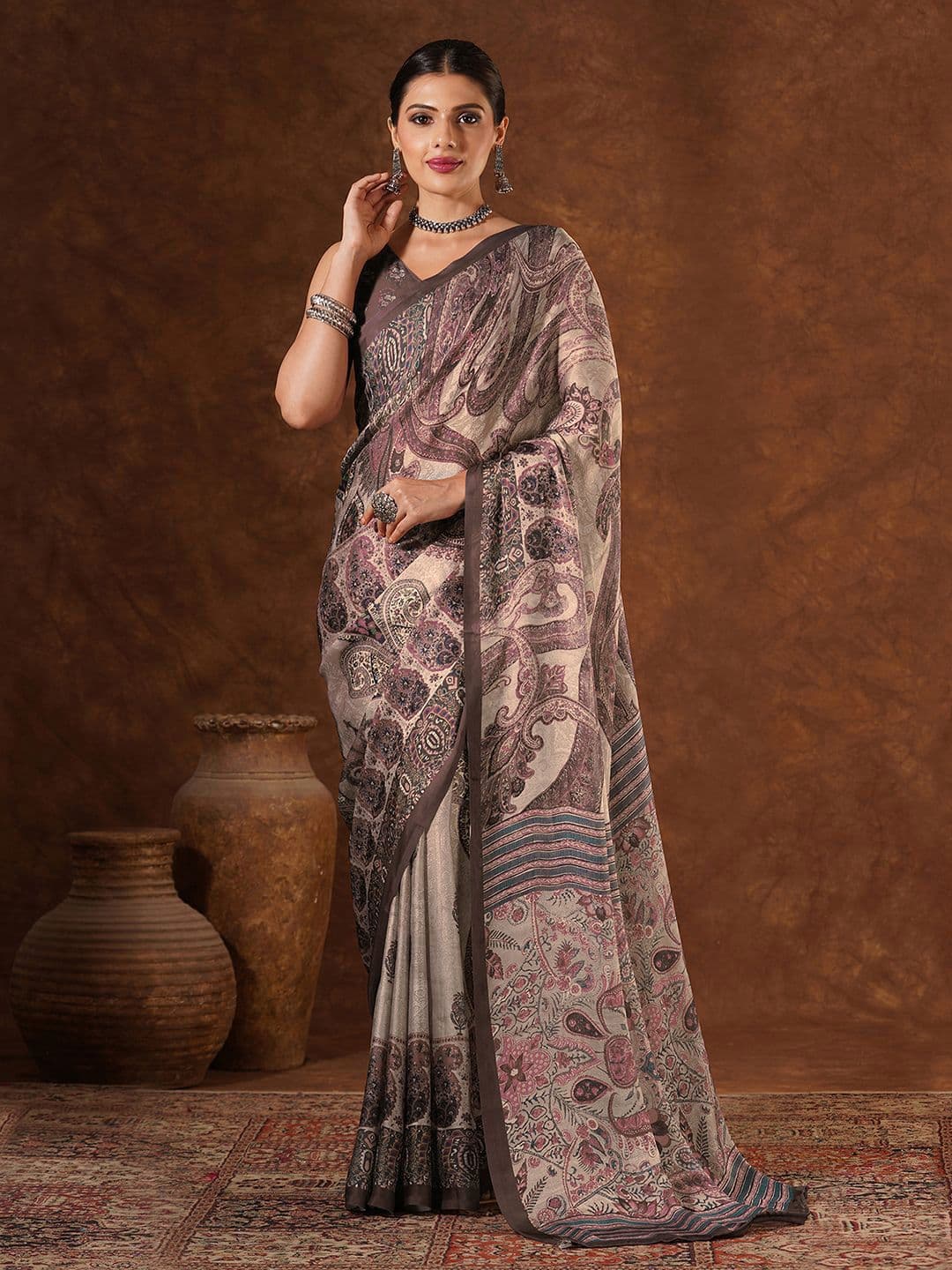 Mitera Ethnic Motifs Print Satin Saree - view 1