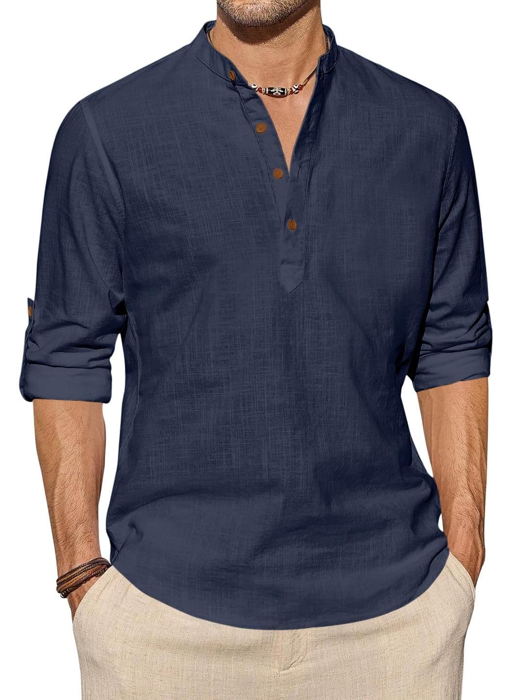 Fifth U Men's Navy Blue Solid Cotton Blend Short Kurta - view 1