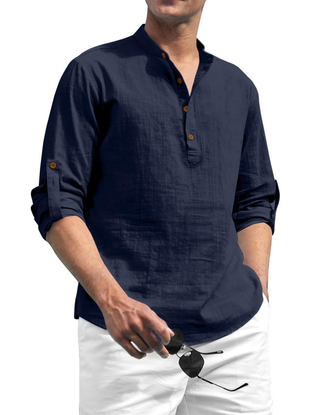 Fifth U Men Navy Blue Solid Cotton Blend Mandarin Collar Straight Kurta - view 1