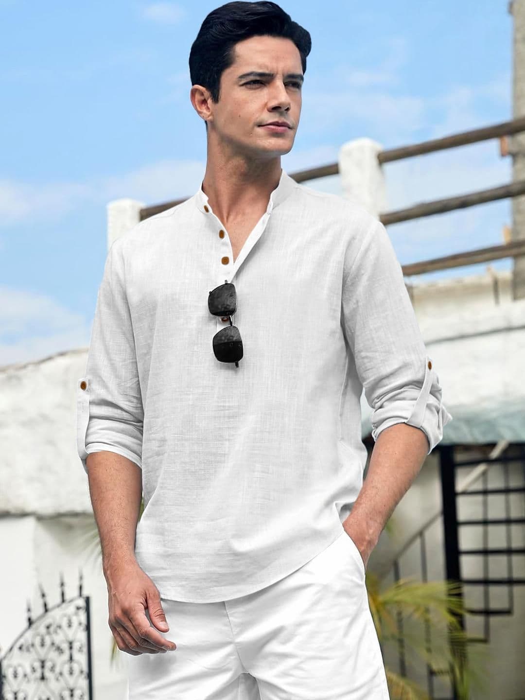 Fifth U Men's Solid White Cotton Blend Short Kurta - view 1