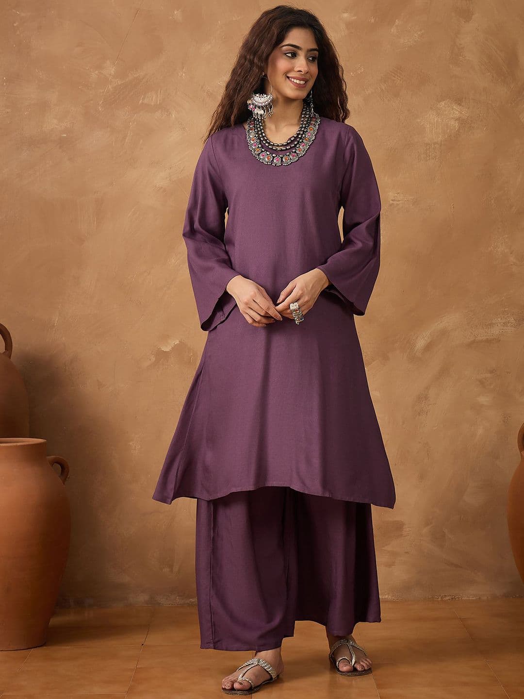 InWeave Women Solid Fusion Kurta with Palazzo - view 1