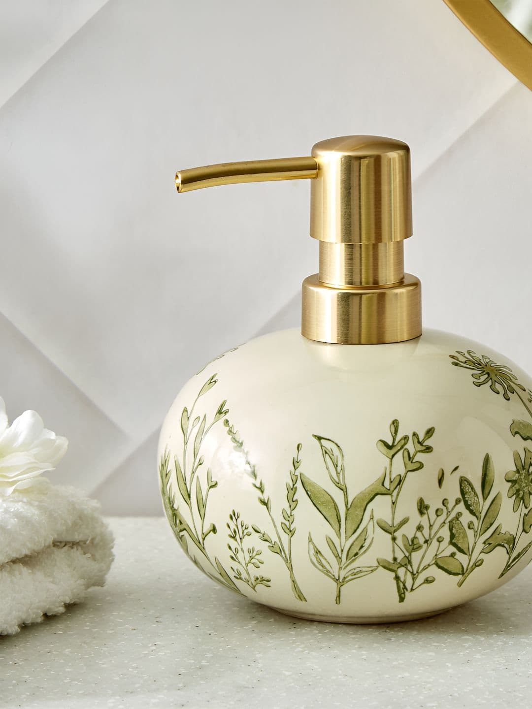Home Centre Nova Botanica Beige & Green Printed Ceramic Soap Dispenser 380ml - view 1