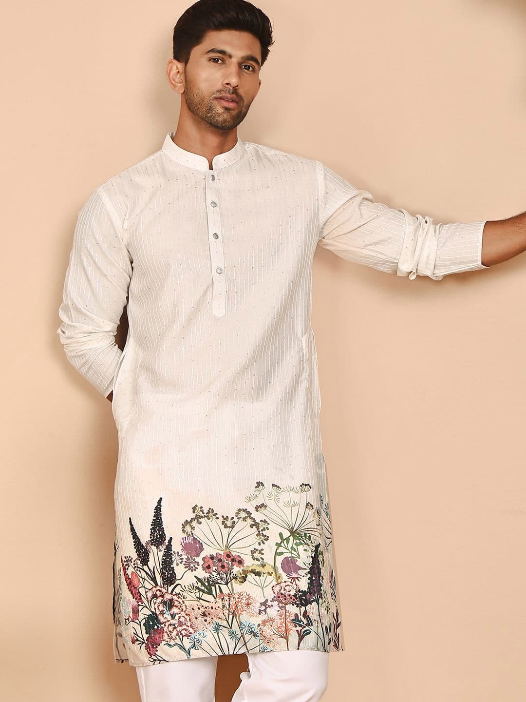 Anouk Floral Printed Mandarin Collar Sequinned Straight Kurta - view 1