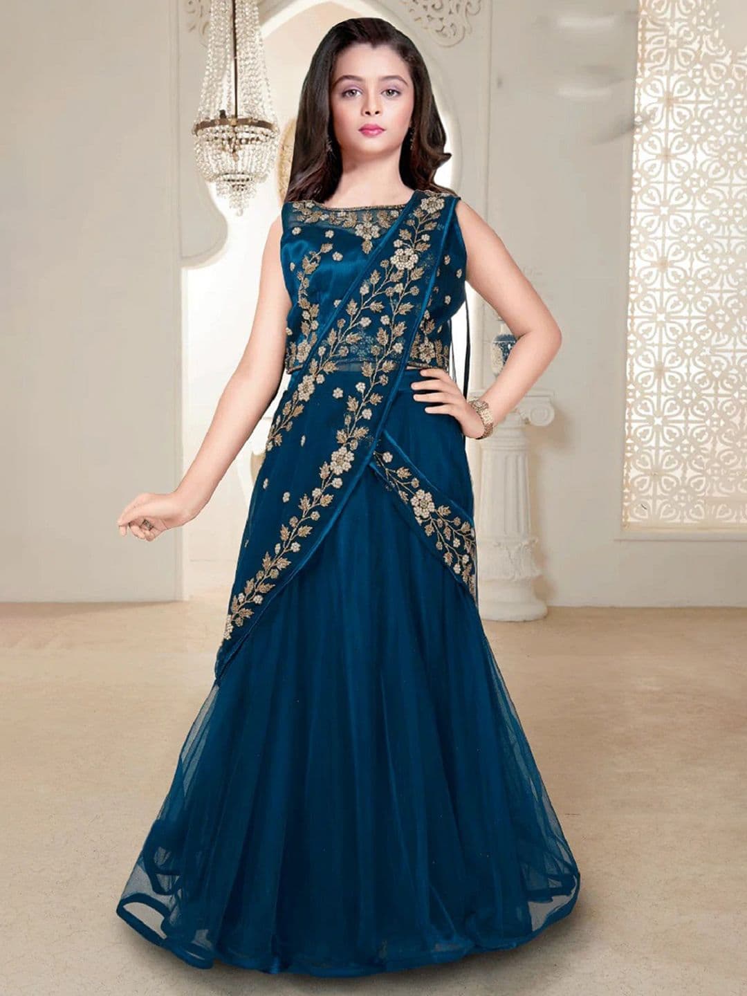 White Button Girls Embellished Beads & Stones Net Ready to Wear Lehenga & Blouse & Dupatta - view 1