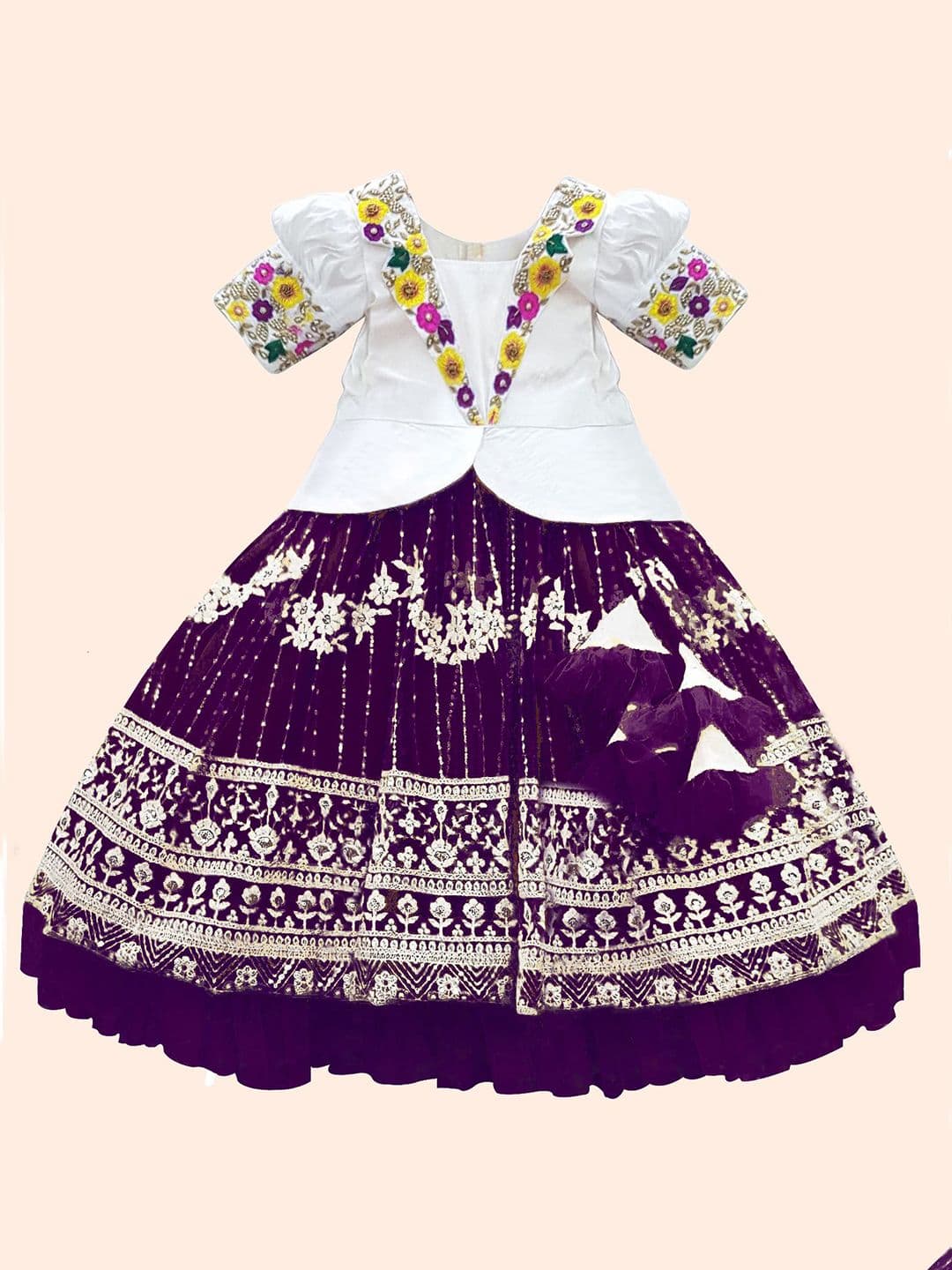 White Button Girls Embroidered Net Ready to Wear Lehenga & Choli - view 1