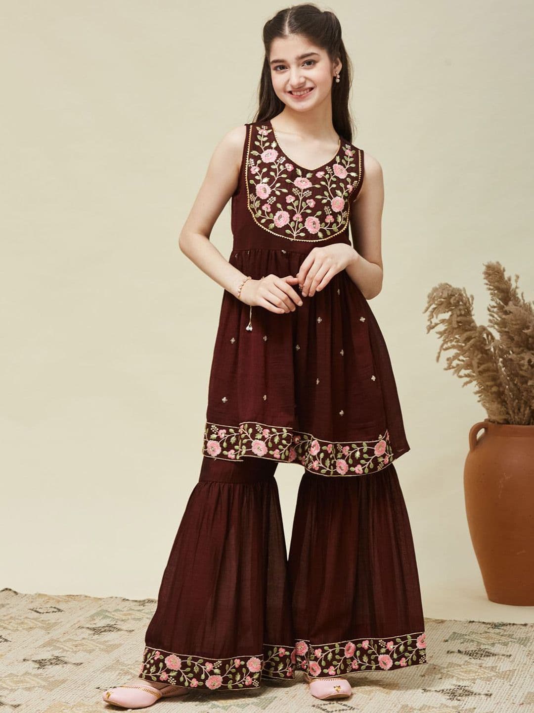 CurlyTales Girls Silk Embroidered Kurta and Sharara Set with Dupatta - view 1