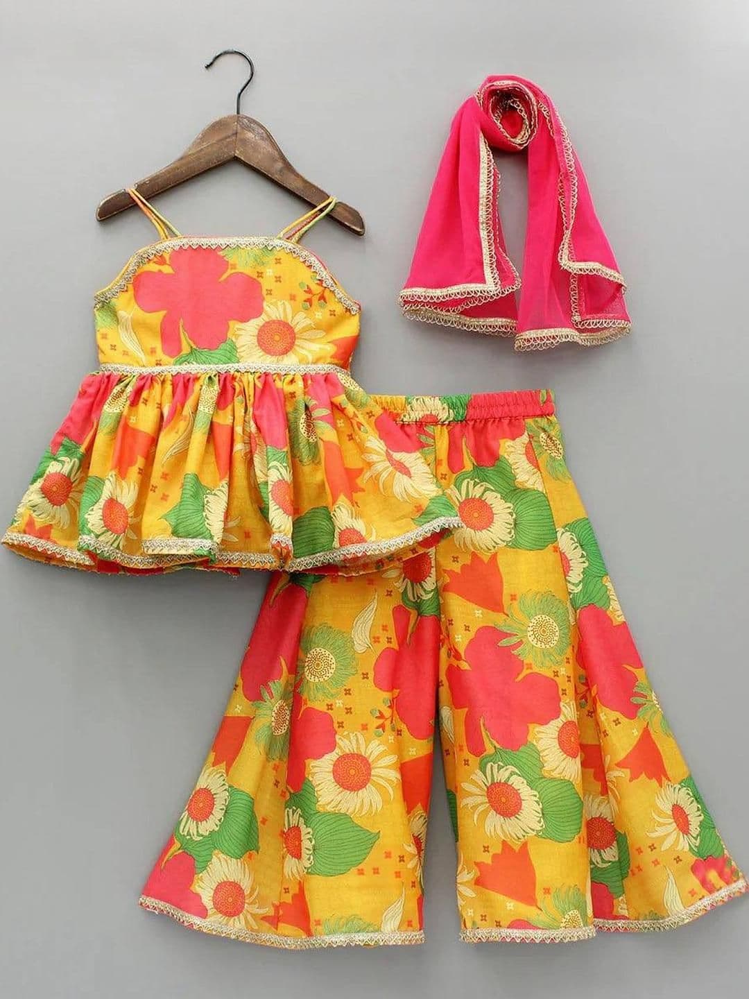 KidsFlower Girls Printed Sleeveless Top And Palazzo Set With Dupatta 3Pc - view 1